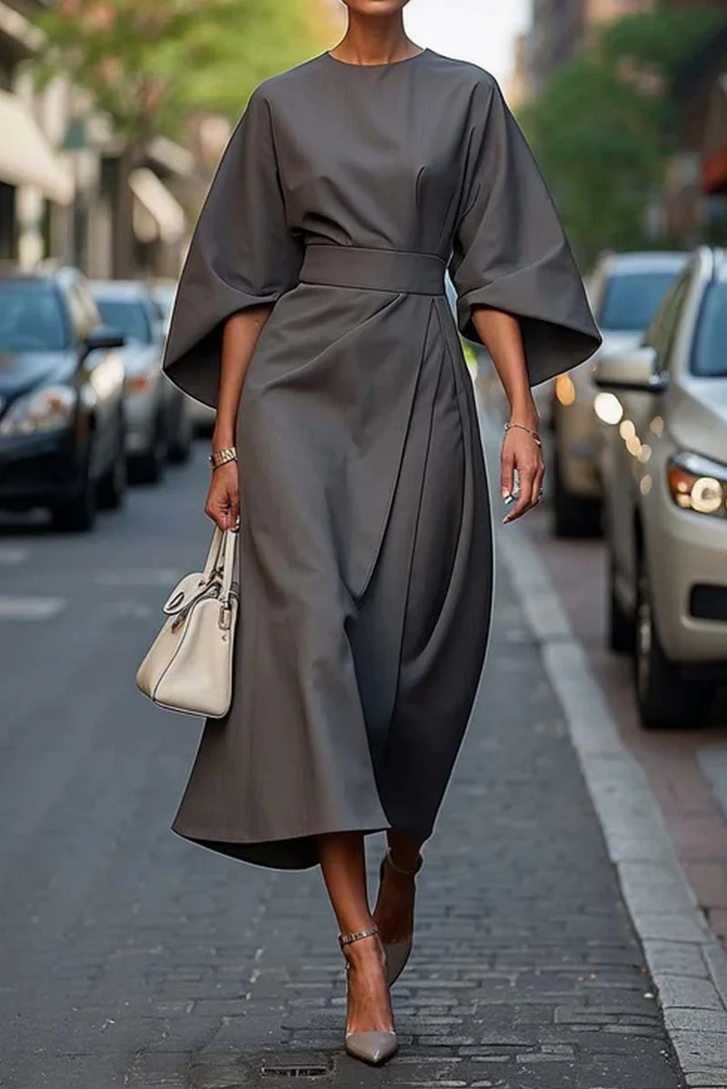 Vestido midi con mangas kimono y cinturón para mujer