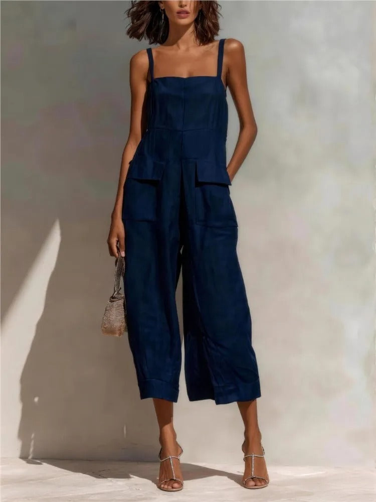 Vestido midi de lino con cinturón y bolsillos para mujer