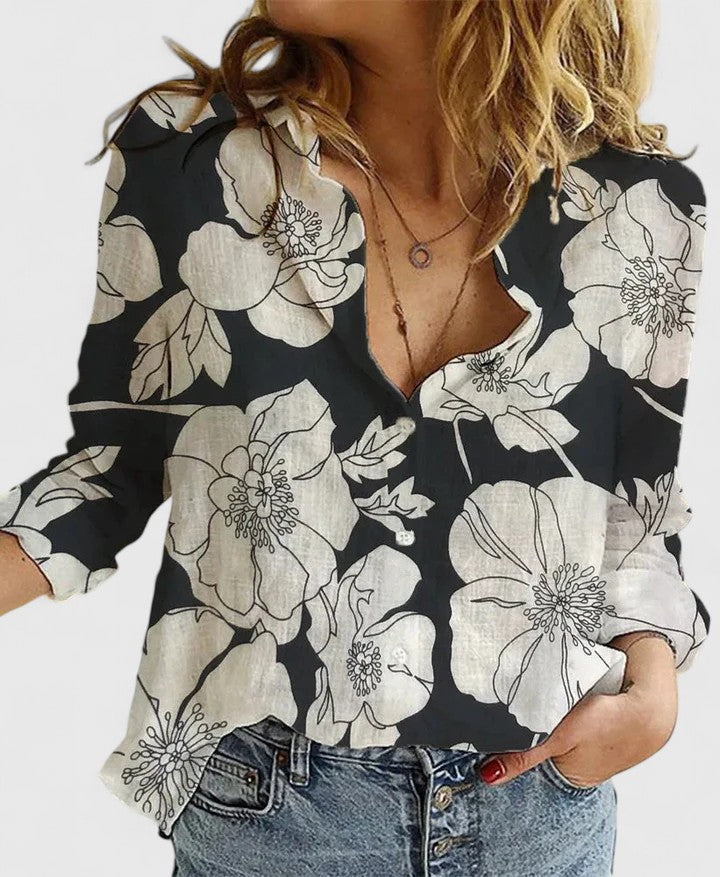 Blusa de lino con escote en V y botones para mujer