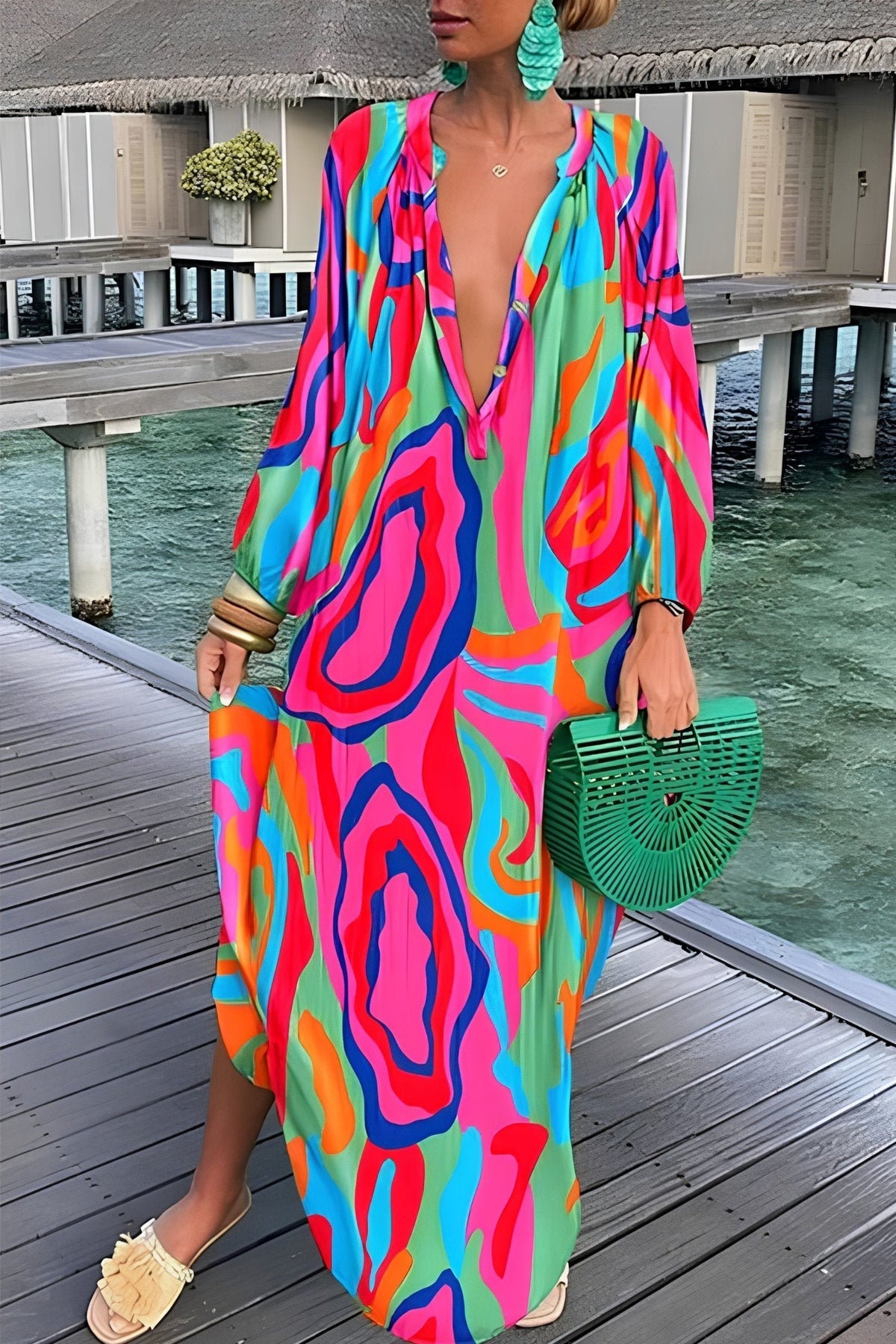 Vestido maxi caftán holgado con escote en V y estampado abstracto para mujer