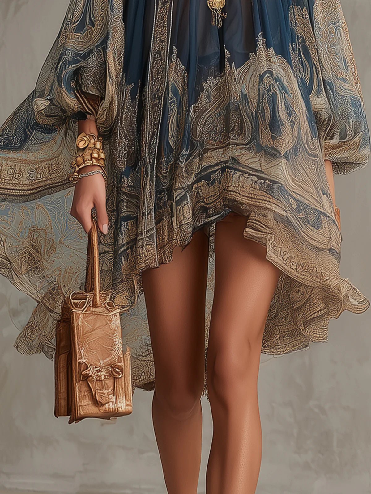 Vestido de gasa con cuello alto, estampado barroco y mangas fluidas para mujer