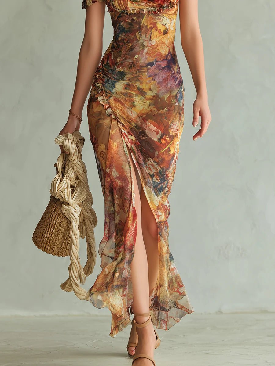 Vestido Maxi Floral de Gasa con Escote Corazón y Vuelos para Mujer