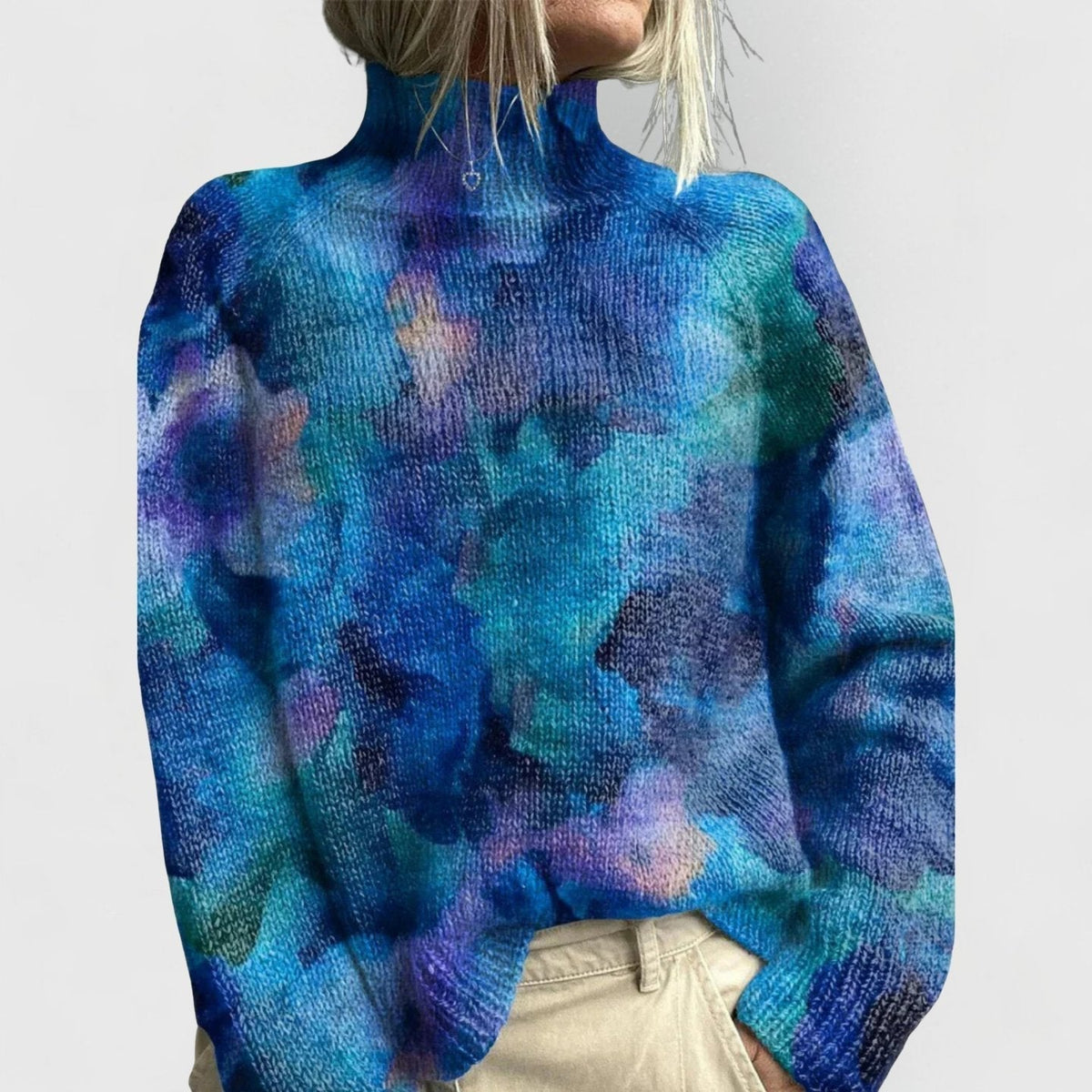 Suéter de punto holgado con cuello alto y estampado floral para mujer