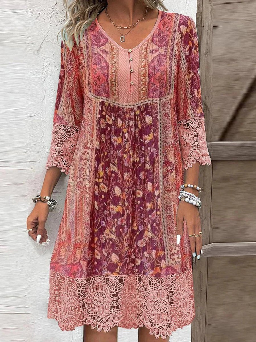 Vestido túnica boho con estampado floral y mangas de encaje para mujer