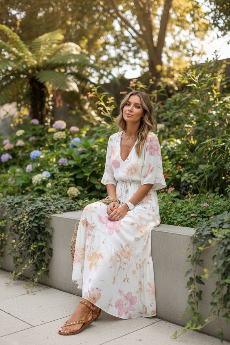 Vestido Largo Bohemio de Noche con Estampado Floral y Cuello en V para Mujer con Cintura Ajustable