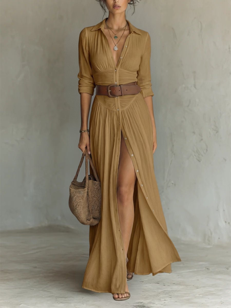 Vestido maxi camisero bohemio con cinturón para mujer