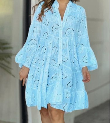 Vestido Camisero Blanco Corte en A con Bordado Inglés y Manga Larga para Mujer