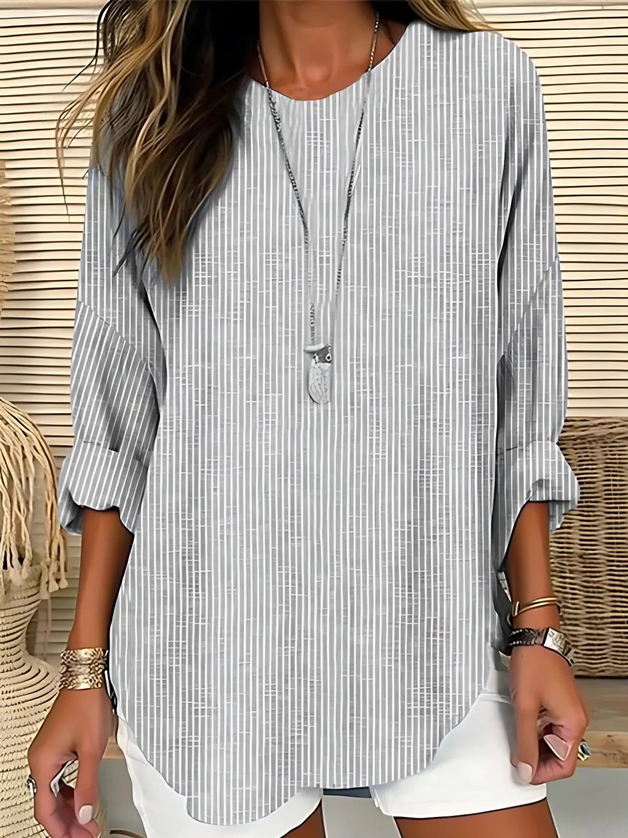 Blusa casual holgada a rayas con cuello redondo para mujer