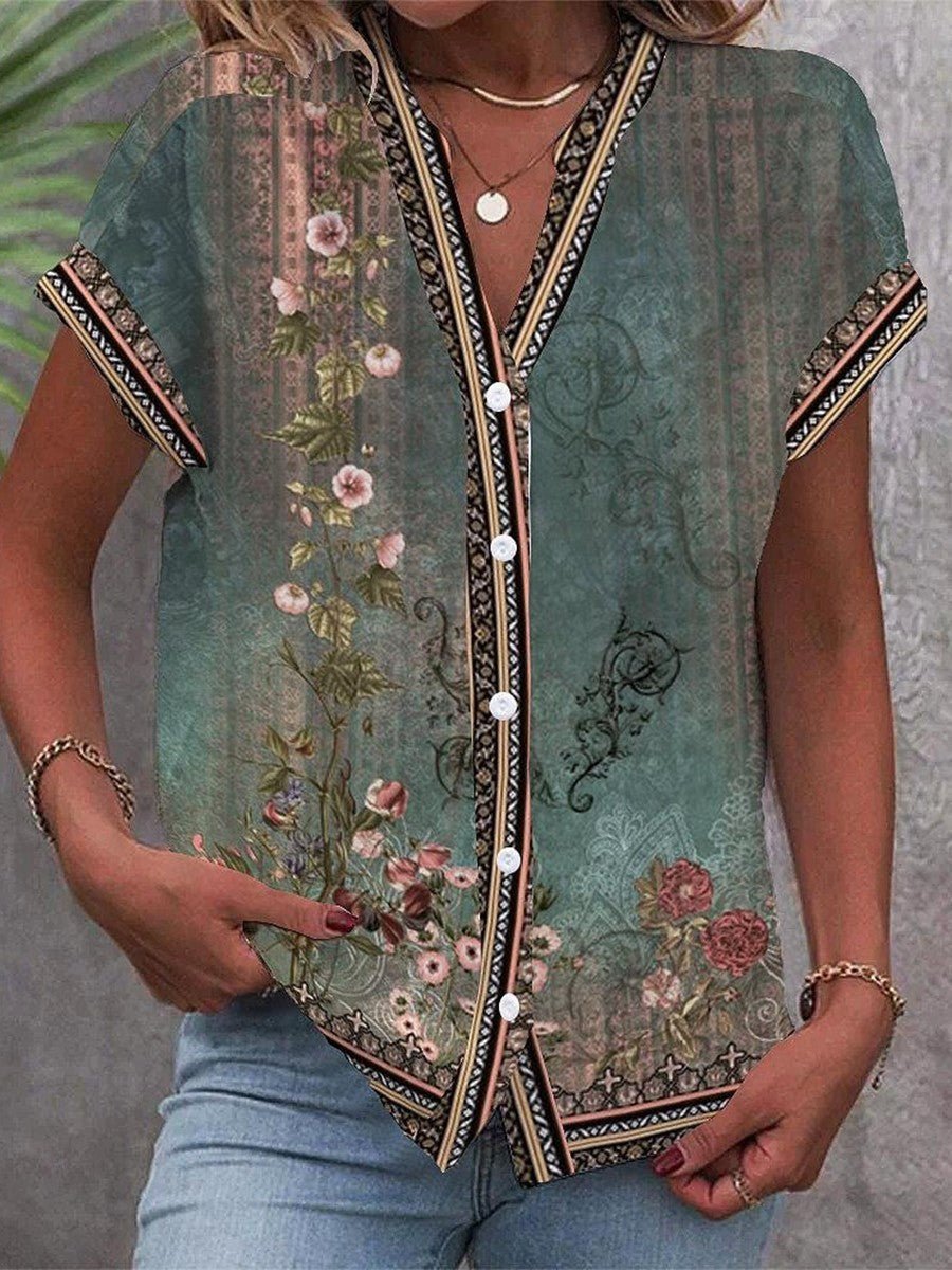 Top casual de manga corta con cuello en V y estampado floral para mujer