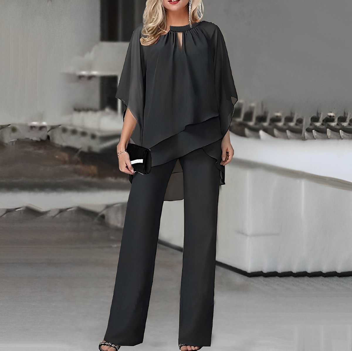 Conjunto de dos piezas de gasa con top a capas y pantalón de pierna ancha para mujer