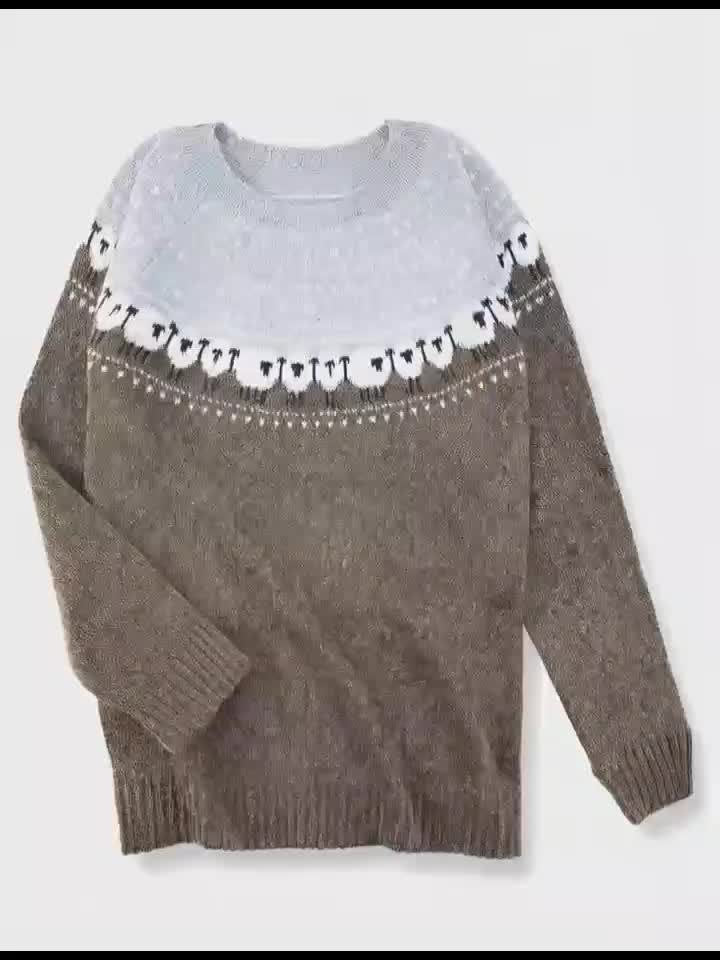 Suéter de Punto Grueso con Diseño de Ovejas Jacquard para Mujer