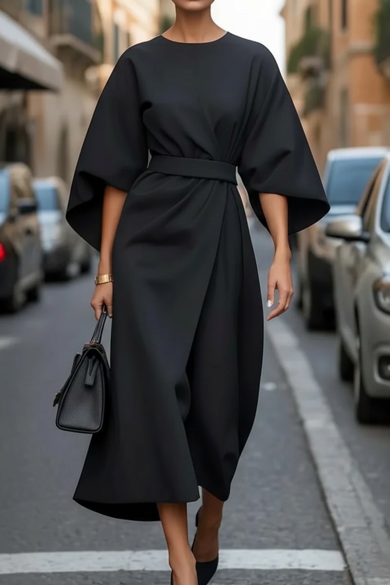 Vestido midi de cóctel con cinturón y mangas anchas para mujer
