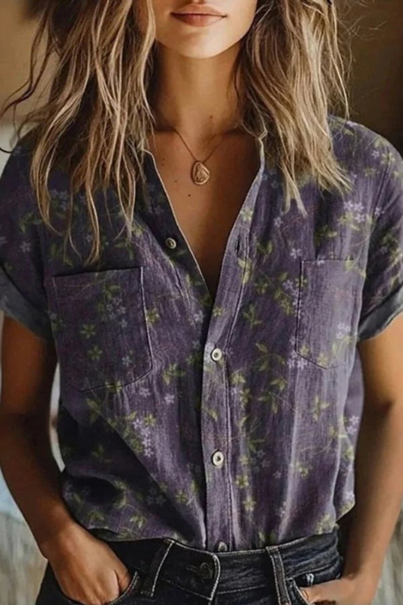 Blusa floral de algodón con botones y manga corta para mujer