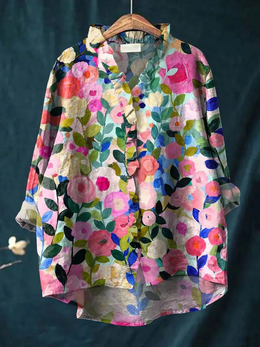 Top de lino floral con volantes para mujer