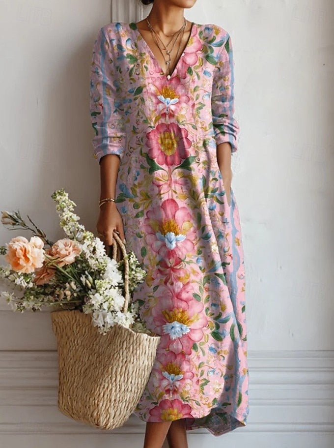 Vestido Maxi Floral de Manga Larga con Cuello en V para Mujer
