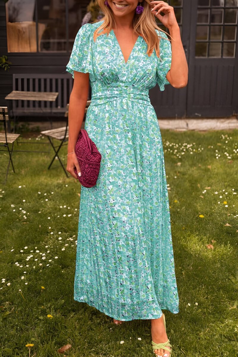 Vestido largo de verano fluido con cuello en V y estampado floral para mujer