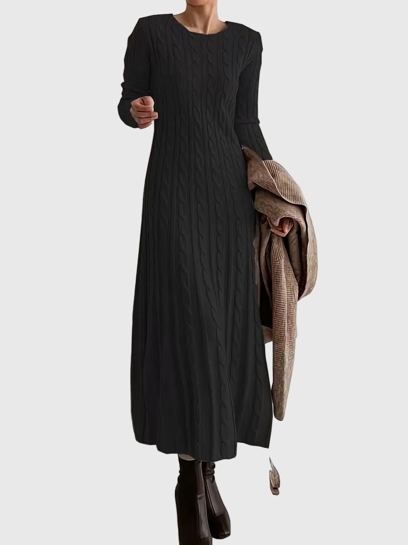 Vestido Maxi de Punto Trenzado y Manga Larga con Cuello Redondo para Mujer