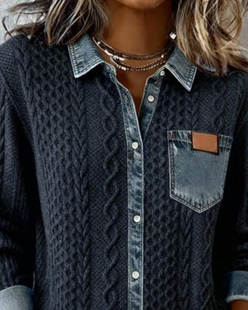 Top casual de punto de manga larga con detalles de mezclilla para mujer