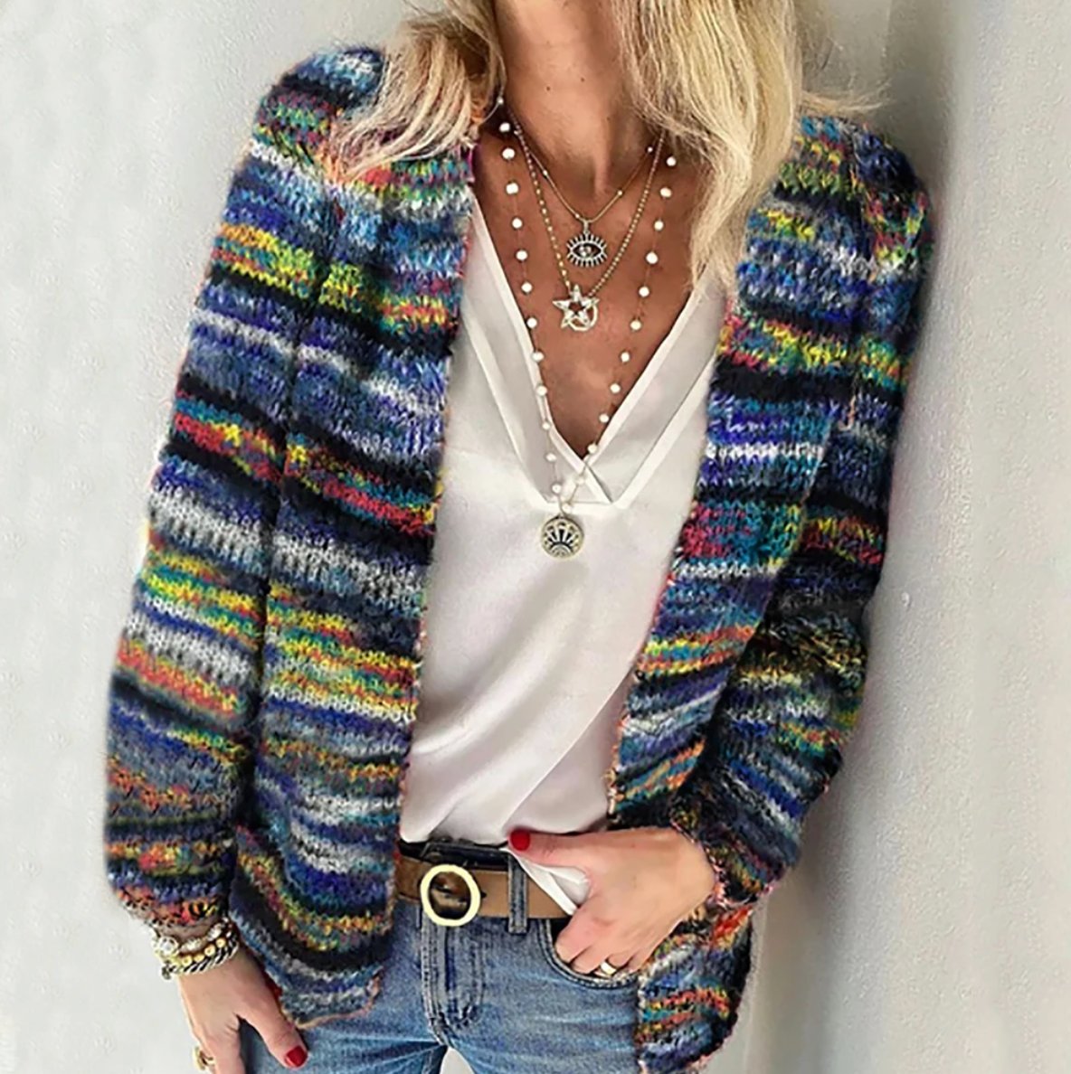 Chaleco cárdigan tejido multicolor sin mangas para mujer