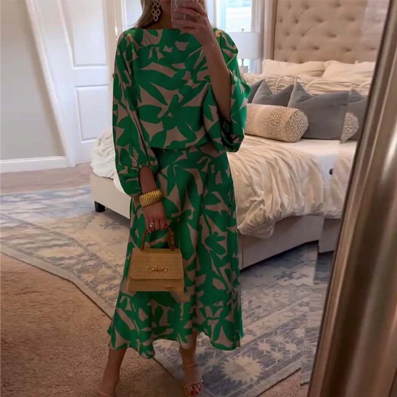 Conjunto Combinado de Dos Piezas con Estampado de Follaje y Manga Farol para Mujer