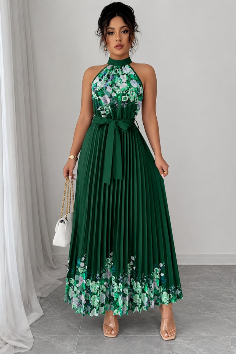 Vestido de fiesta midi plisado con cuello halter y estampado floral para mujer