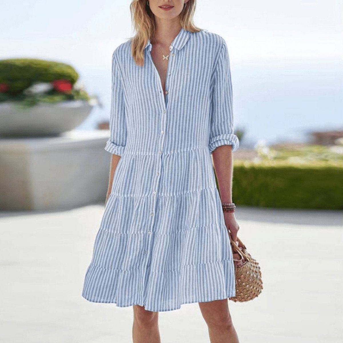 Vestido Camisero a Rayas con Capas y Botones Corte en A para Mujer