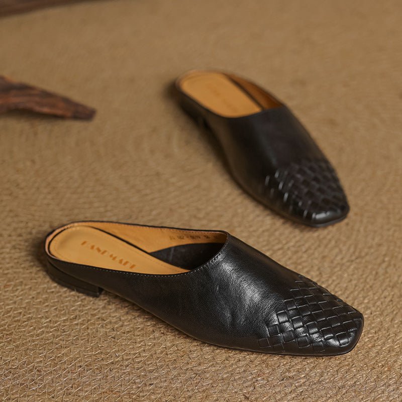 Mules de Cuero Trenzado con Punta Cuadrada y Tacón Bajo en Bloque para Mujer