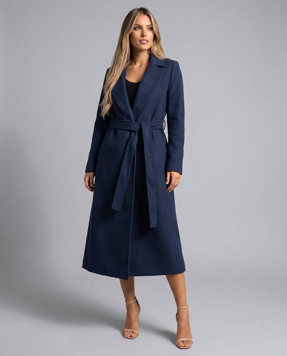 Trench largo acolchado de lana con cinturón para mujer