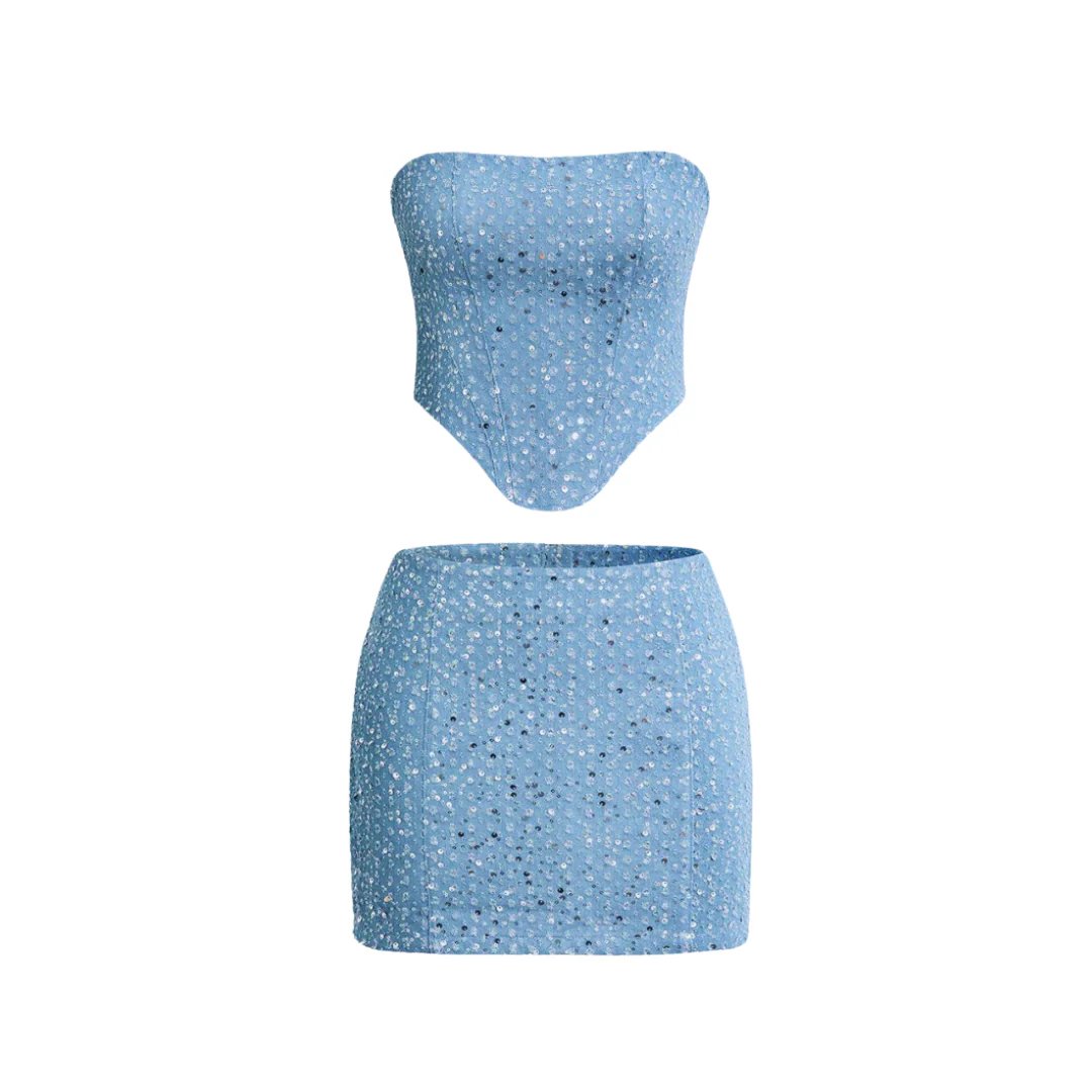 Conjunto de Top Bandeau y Minifalda de Denim con Lentejuelas para Mujer