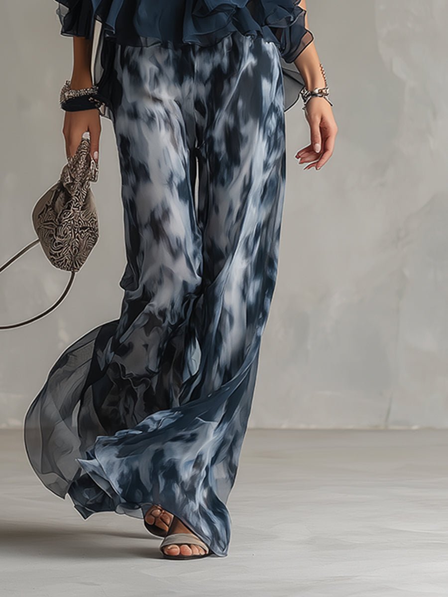 Conjunto de dos piezas de top halter de gasa y pantalón de pierna ancha para mujer