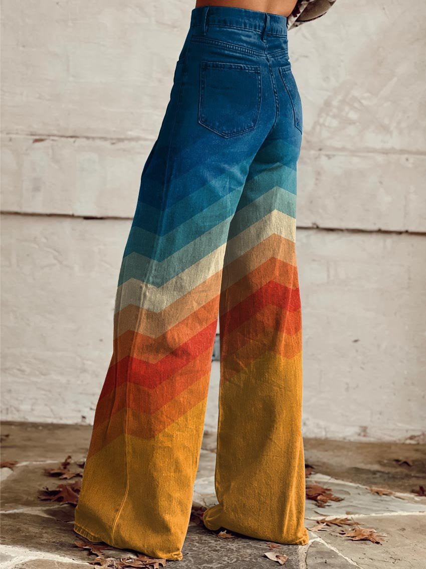 Pantalones de Pierna Ancha y Tiro Alto con Estampado Chevron Atardecer para Mujer