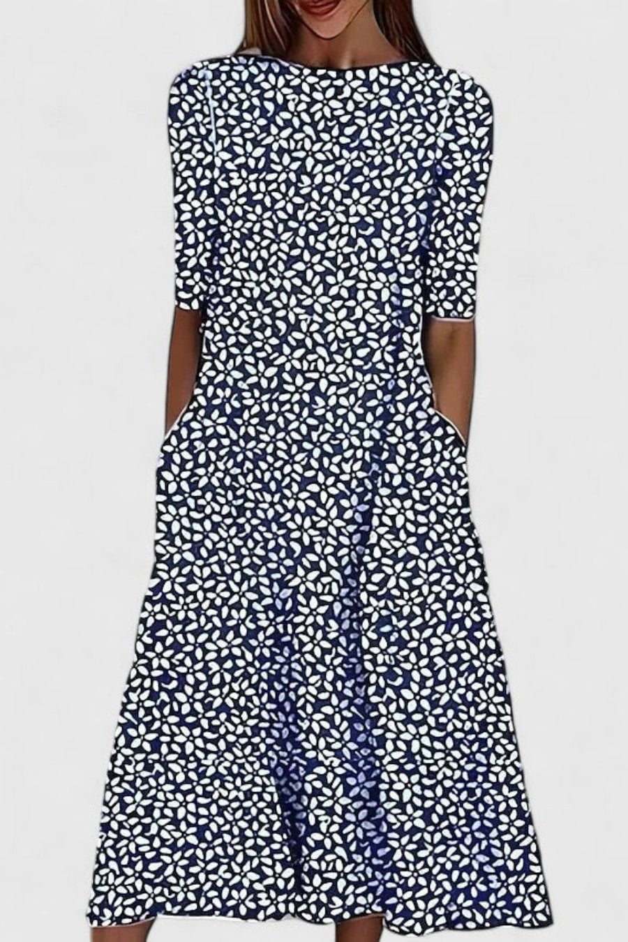 Vestido midi de algodón con corte en A y manga corta para mujer