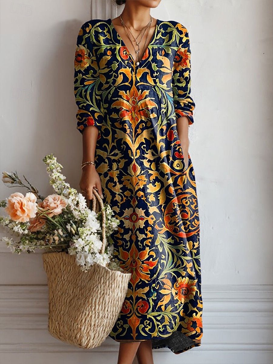 Vestido midi de algodón con escote en V y estampado barroco para mujer
