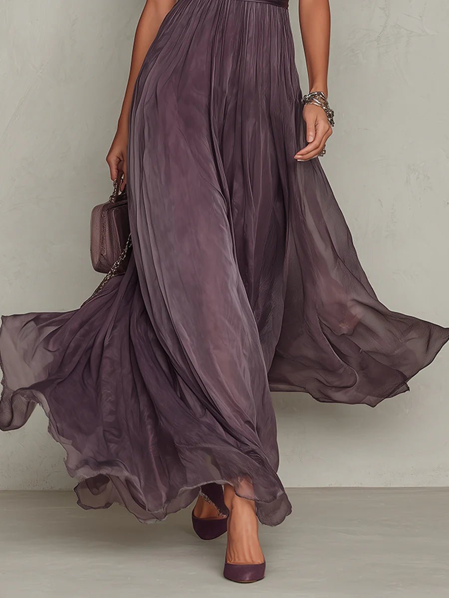 Vestido Maxi de Gasa y Encaje con Escote Lágrima y Manga Corta para Mujer