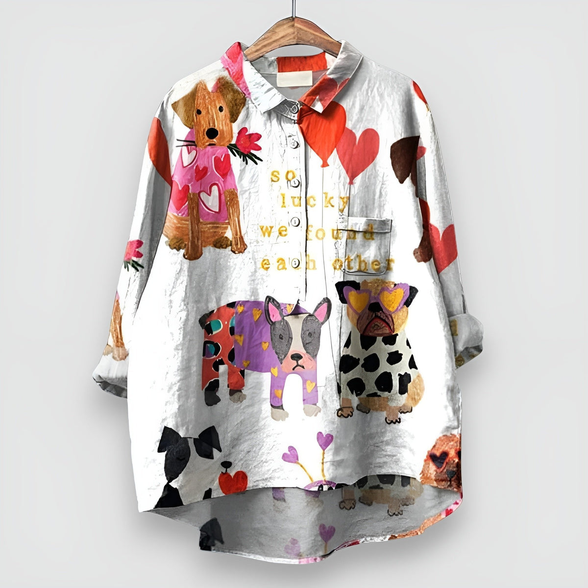 Camisa Manga Larga con Cuello y Botones con Estampado de Perros para Mujer