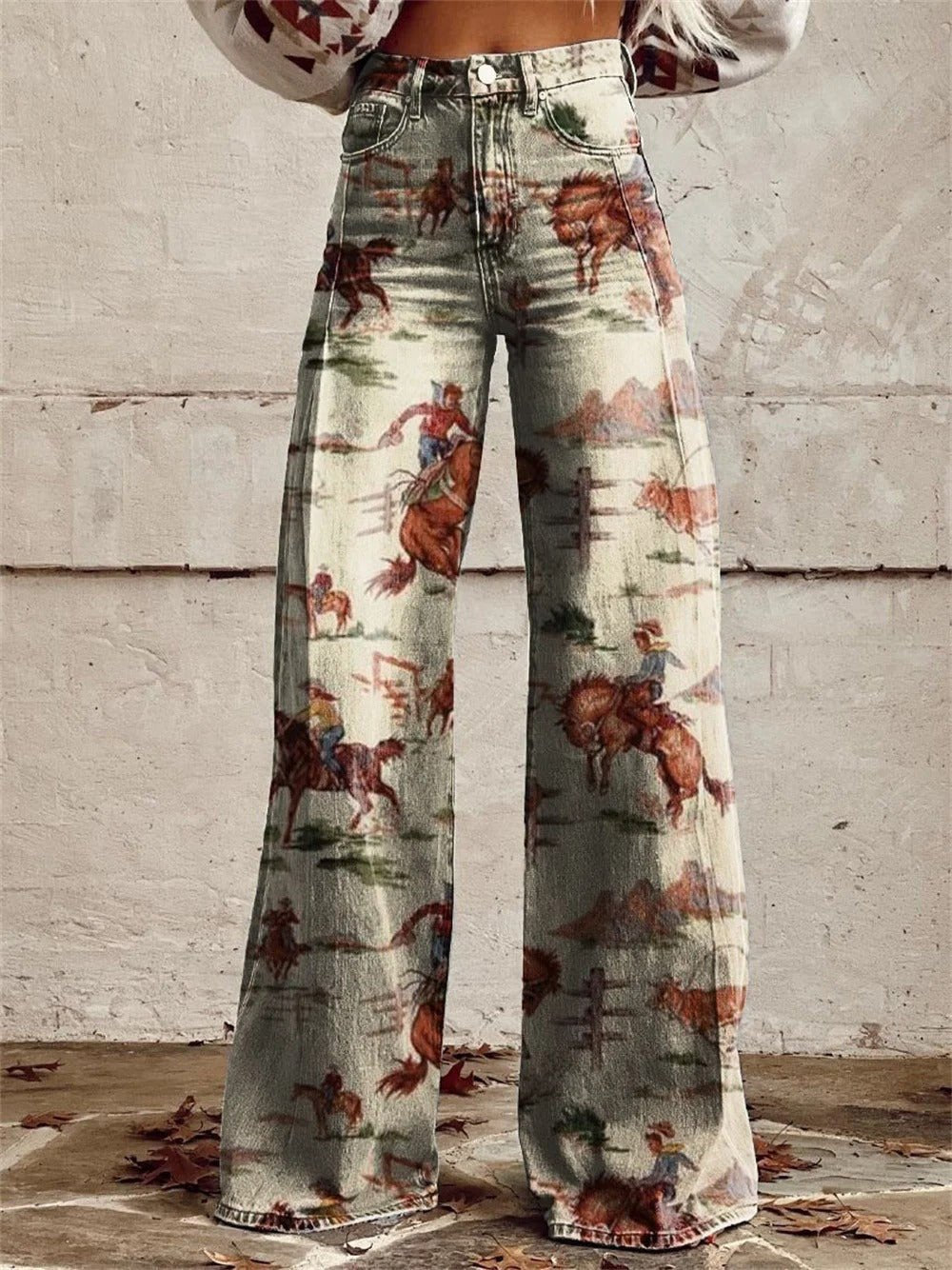 Jeans anchos de tiro alto con estampado western y textura de lino para mujer