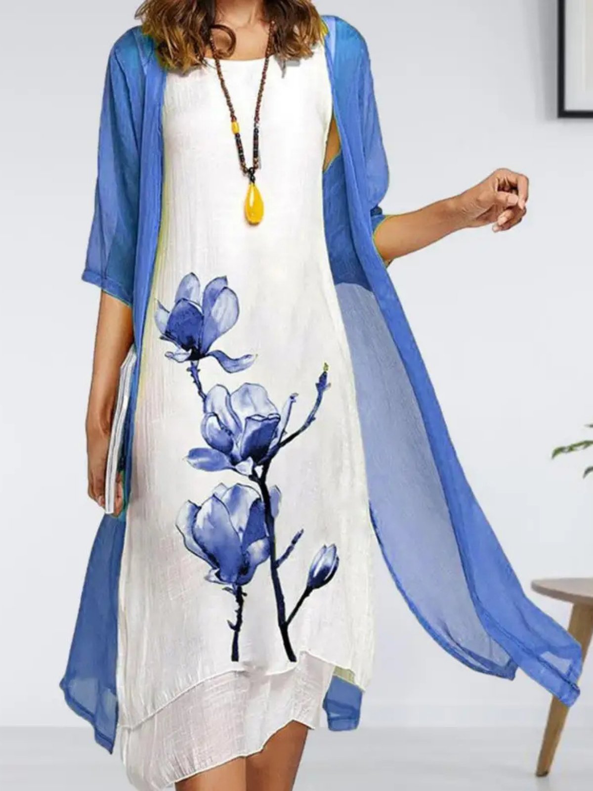 Conjunto de Vestido Midi Sin Mangas de Lino y Chaqueta de Gasa para Mujer