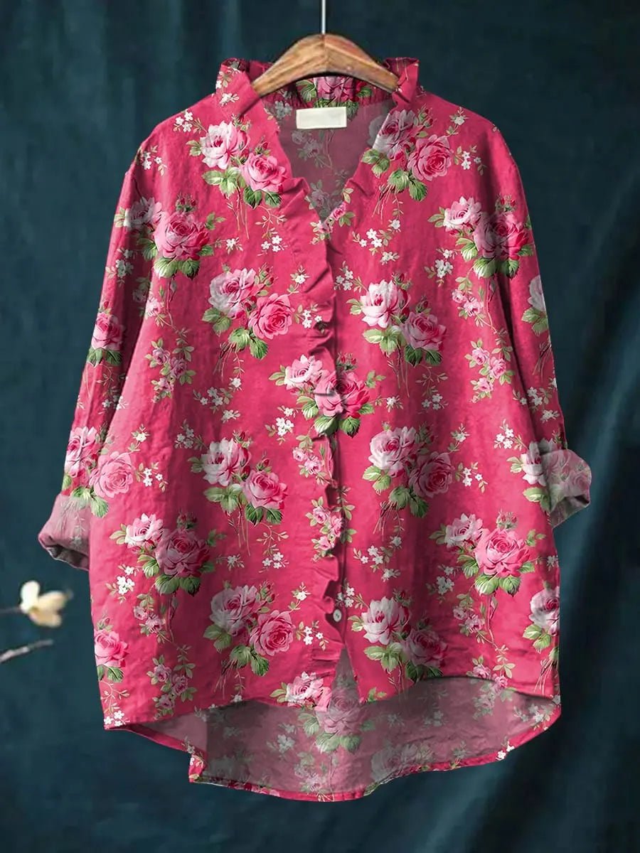 Blusa holgada de lino con estampado floral y volantes para mujer