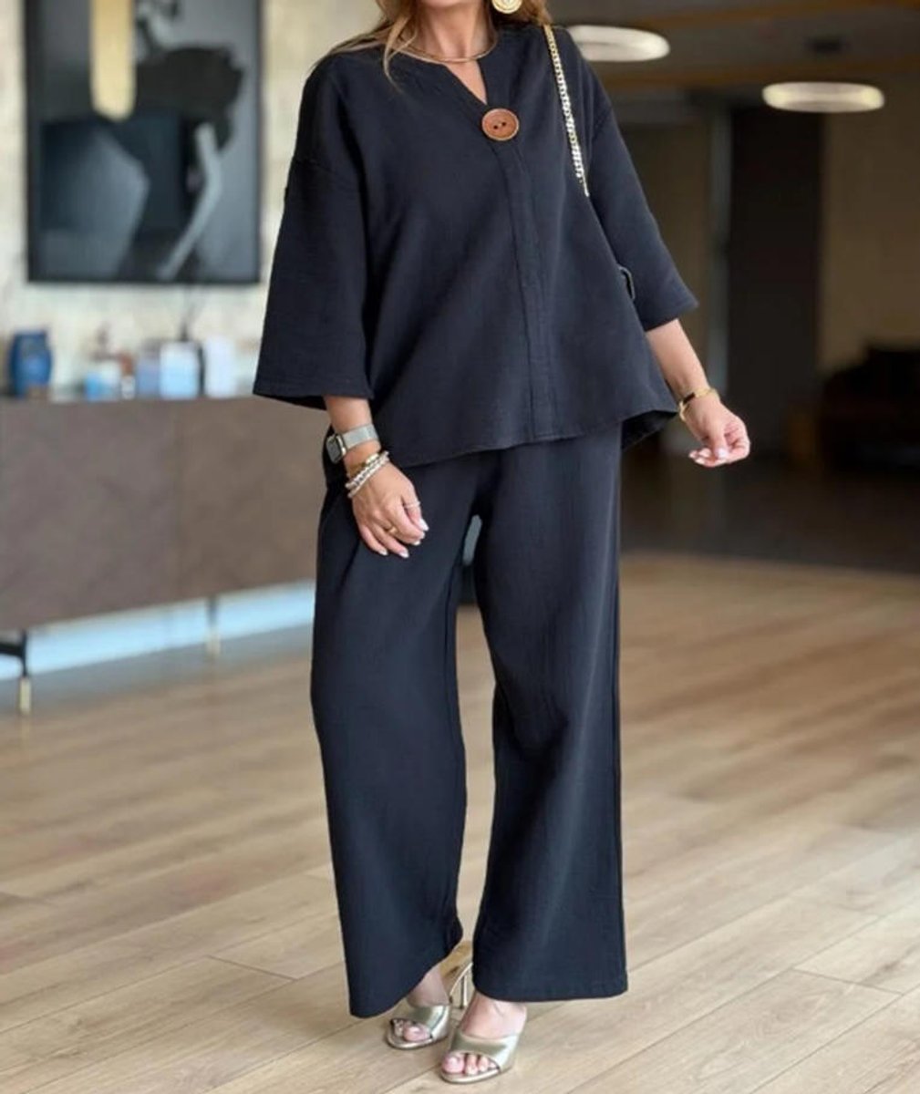 Conjunto de túnica de lino con manga 3/4 y pantalón palazzo para mujer
