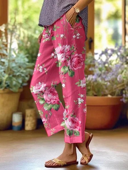 Pantalón casual holgado con estampado floral y bolsillos para mujer