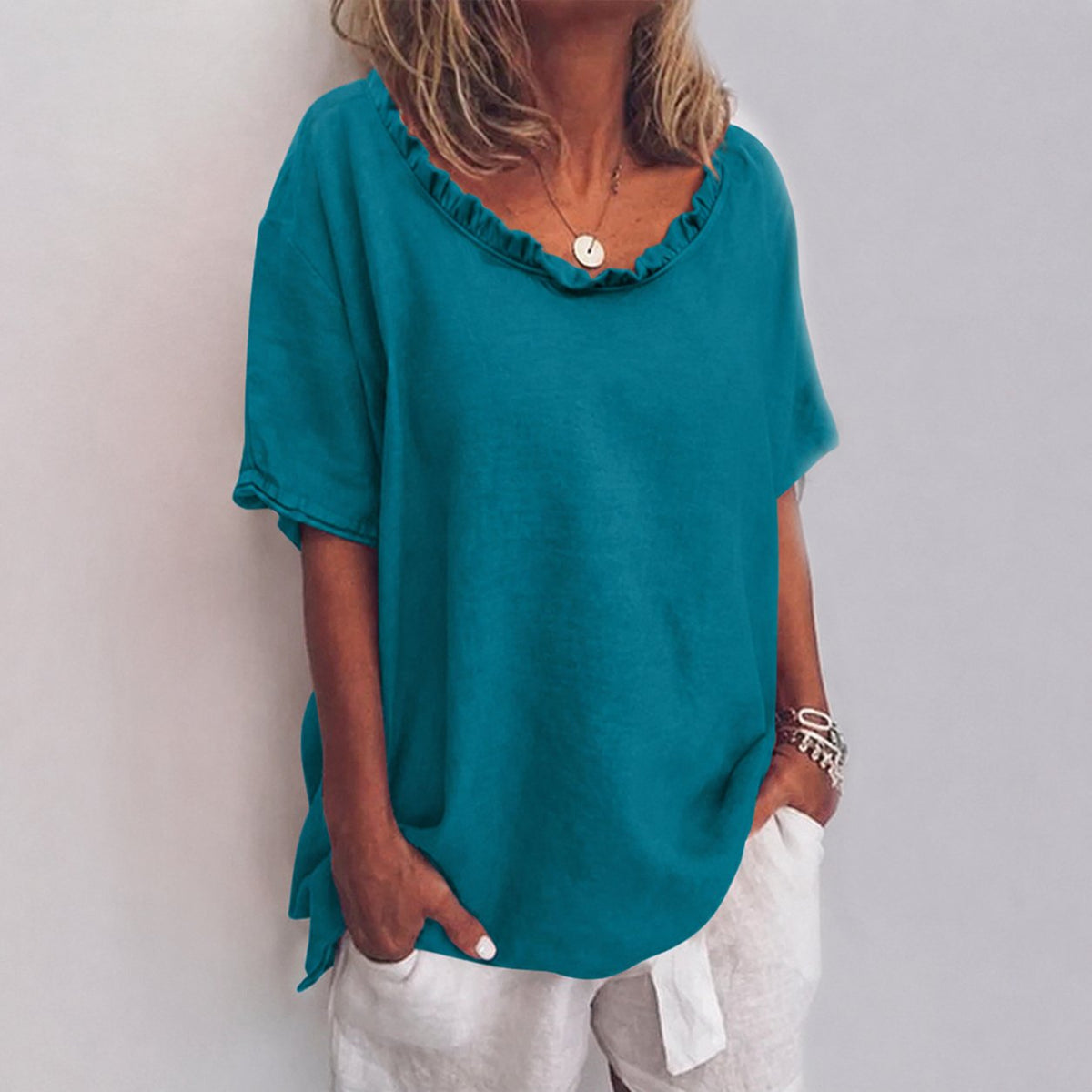 Blusa holgada de algodón con volantes y manga corta para mujer