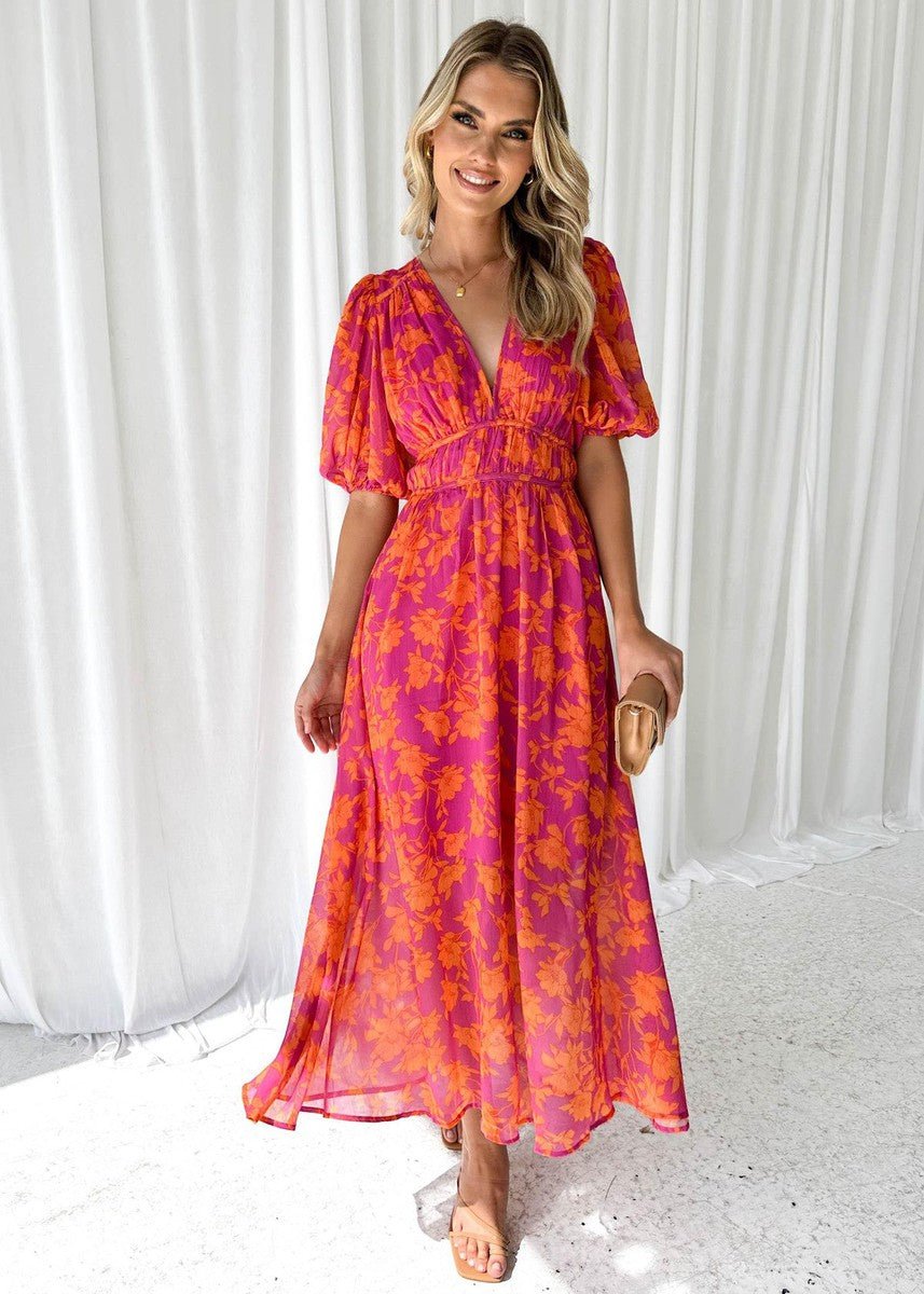 Vestido midi floral vaporoso con cuello en V y mangas abullonadas para mujer