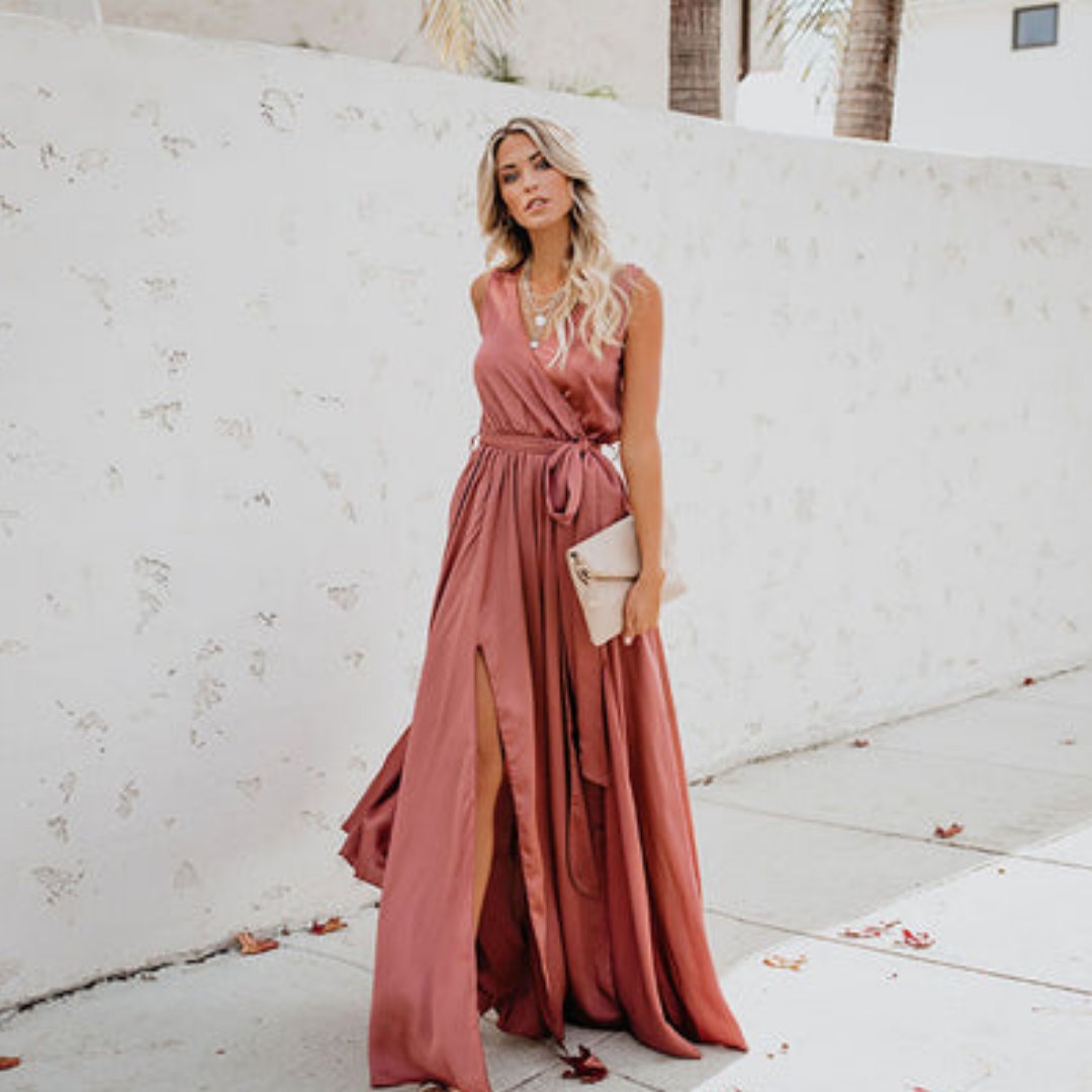 Vestido Maxi sin Mangas con Abertura Lateral y Lazo en la Cintura para Mujer