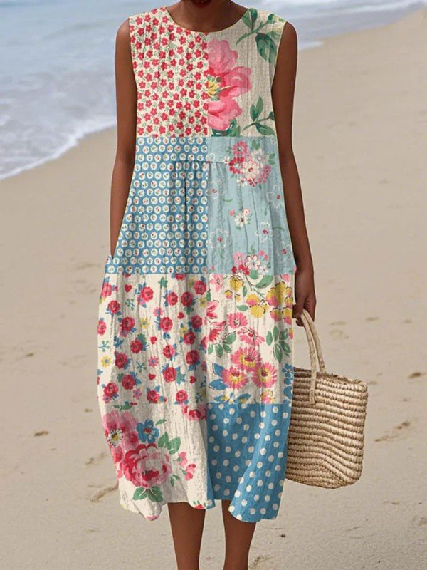 Vestido midi sin mangas con patchwork floral para mujer
