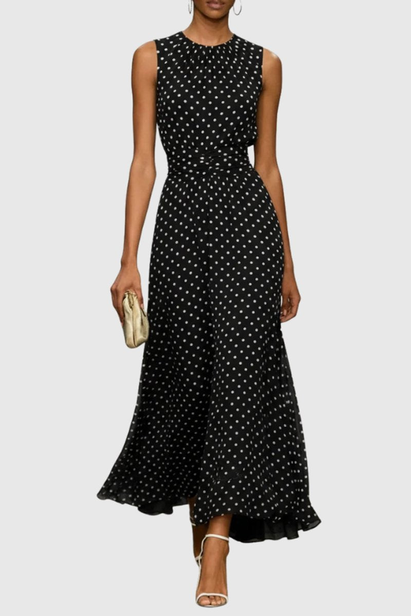 Vestido largo de noche sin mangas a lunares con volantes para mujer