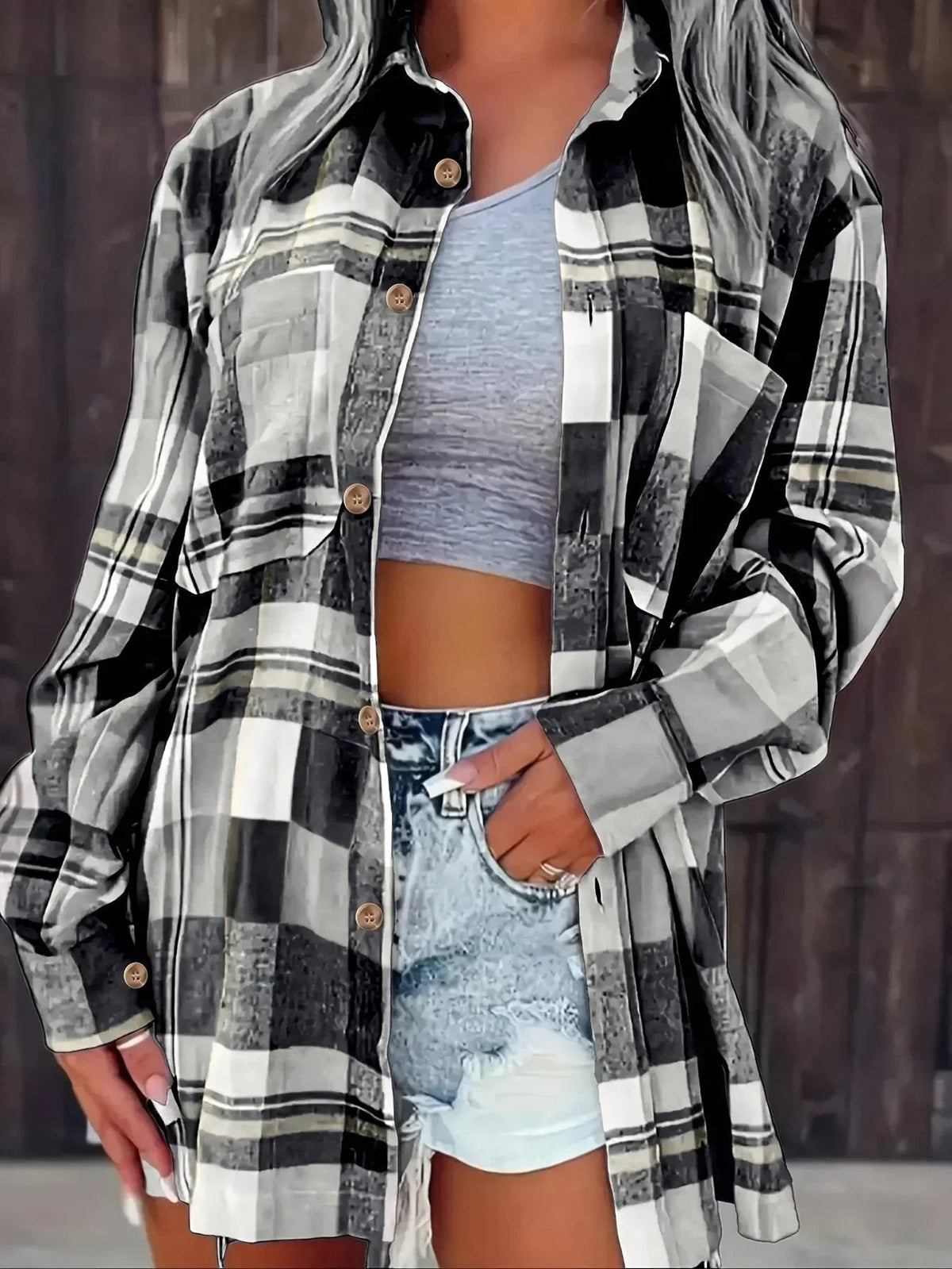 Camisa de Franela a Cuadros Holgada de Manga Larga para Mujer