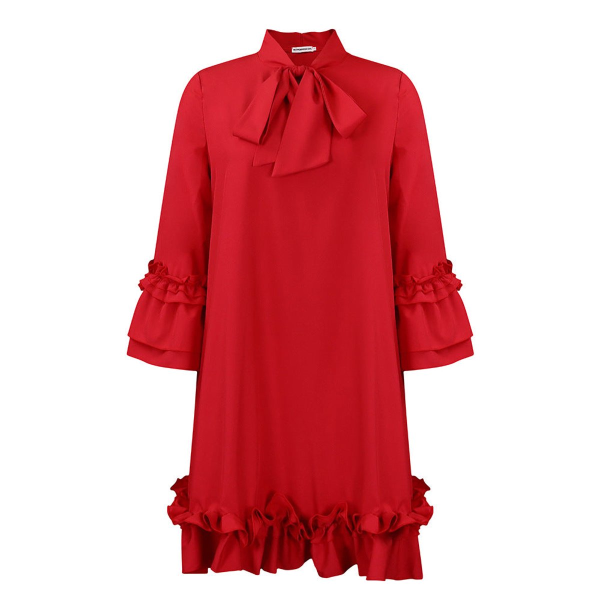 Vestido túnica con manga 3/4 y cuello con lazo y volantes para mujer