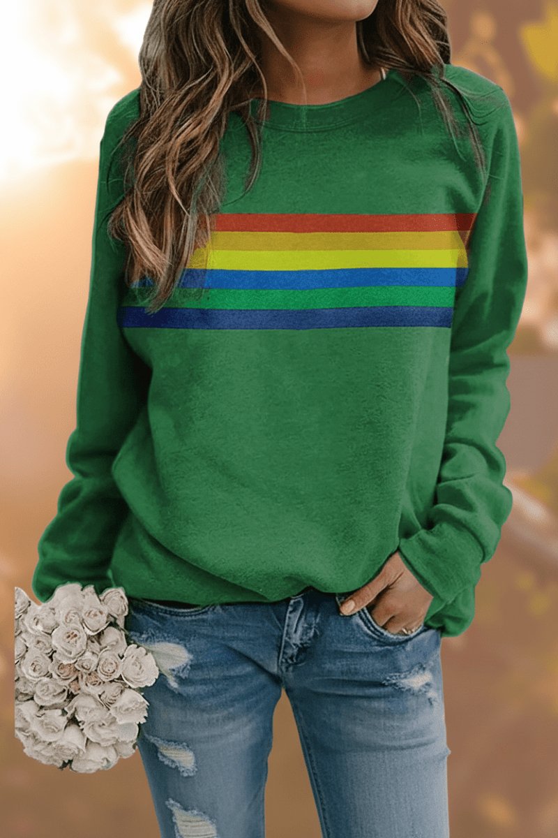 Polerón holgado retro con rayas arcoíris para mujer