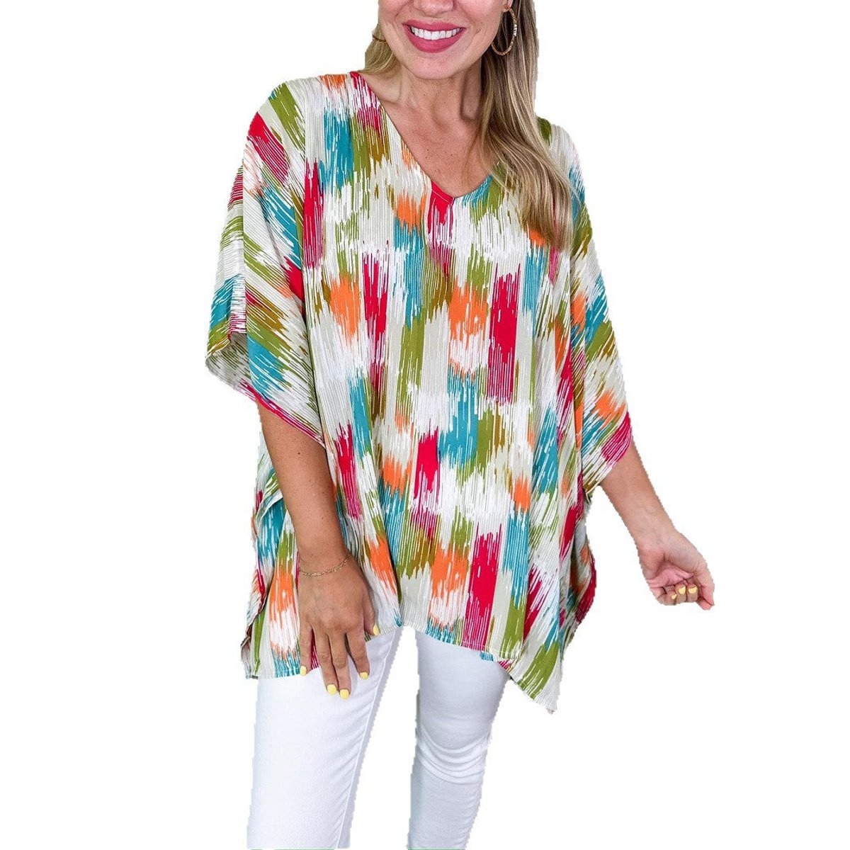 Túnica Holgada con Cuello en V y Estampado Abstracto Colorido para Mujer