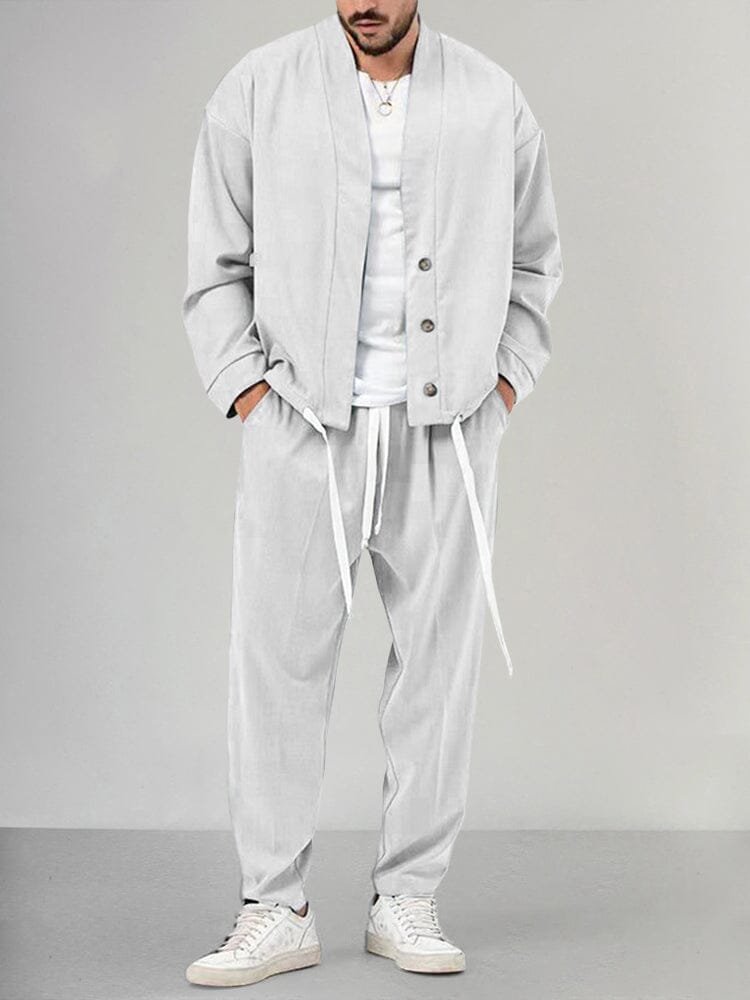 Conjunto relajado de dos piezas con sobrecamisa abotonada y pantalón para hombre
